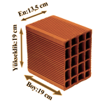 Çetin Tuğla - 13,5'luk Yatay Delikli Tuğla - 190 x 135 x 190 mm Ebatlarında Yatay Delikli Tuğla