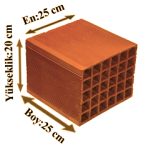 Çetin Tuğla - 25'lik Tuğla - 250 x 250 x 200 mm Ebatlarında Yatay Delikli Tuğla