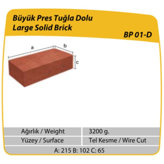Çenesizler Toprak - Kiremit Tuğla - Büyük Pres Dolu Tuğla - 215 x 102 x 65 mm Ebatlarında Pres Tuğla