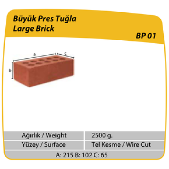 Çenesizler Toprak - Kiremit Tuğla - Büyük Pres Tuğla - 215 x 102 x 65 mm Ebatlarında Pres Tuğla