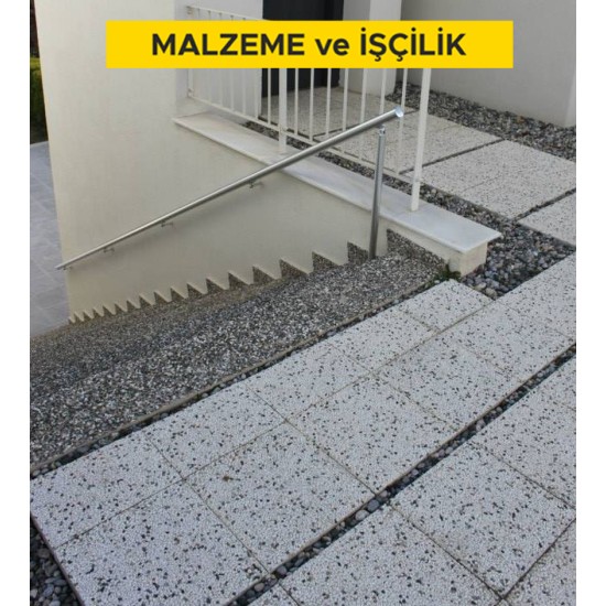 Kuvars-silis + mermer agregalı betondan yapılmış hazır, teçhizatlı, (L) merdiven basamağı temini ve yerine montajı (her türlü yüzey işlemli) (Malzeme Dahil)