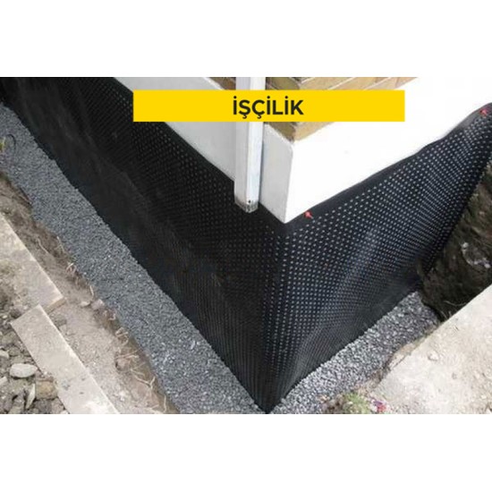 Bodrum perdelerinde su yalıtımı üzerine HDPE esaslı drenaj ve koruma levhası temini ve yerine döşenmesi (150 ≤ basınç dayanımı < 200 KN/m²) (Malzeme Hariç) (İşçilik)