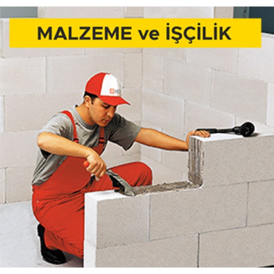 13,5 cm kalınlığındaki techizatsız gazbeton duvar blokları ile duvar yapılması (gazbeton tutkalı ile) (5,00 N/mm² ve 600 kg/m³) (Malzeme Dahil)