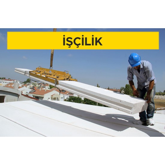 20 cm kalınlığındaki teçhizatlı gazbeton çatı elemanları ile vinç kullanılarak taşıyıcı çatı yapılması (3,50 N/mm² ve 500 kg/m³) (Malzeme Hariç) (İşçilik)