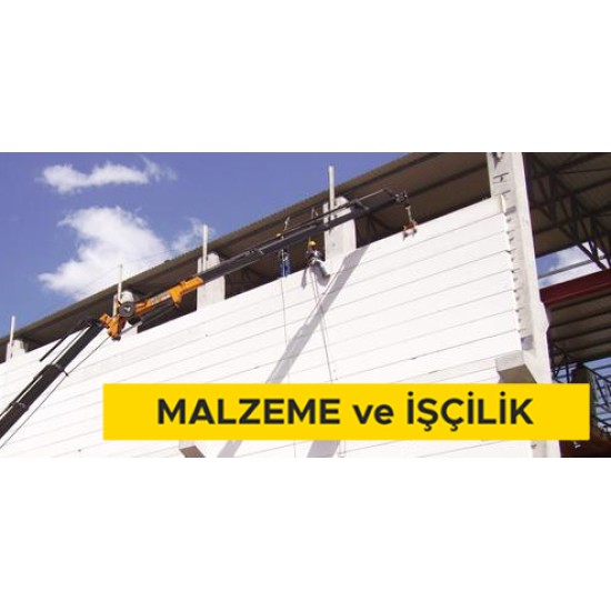 12,5 cm kalınlığındaki teçhizatlı gazbeton duvar elemanları ile vinç kullanarak duvar yapılması (5,00 N/mm² ve 600 kg/m³) (Malzeme Dahil)