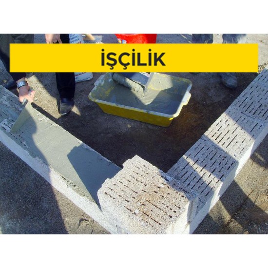 13,5 cm kalınlığındaki taşıyıcı olmayan bimsbeton duvar blokları ile duvar yapılması (bimsbeton tutkalı ile) (min. 1,50 N/mm² ve 600-900 kg/m³, 900 kg/m³ hariç) (Malzeme Hariç) (İşçilik)