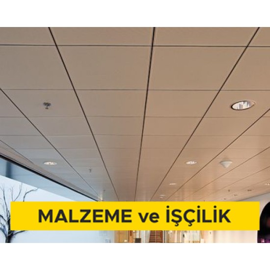 30x30cm ebadında 0,50mm kalınlığında minimum 20 mikron elektrostatik toz boyalı (polyester esaslı) deliksiz alümünyum plakadan (EN AW 3000 serisi) gizli taşıyıcılı sistem asma tavan yapılması (Malzeme Dahil)