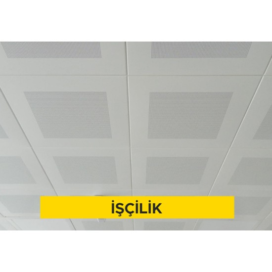 30x30cm ebadında 0,50mm kalınlığında minimum 20 mikron elektrostatik toz boyalı (polyester esaslı) arka yüzü akustik kumaş kaplı delikli alümünyum plakadan (EN AW 3000 serisi) gizli taşıyıcılı sistem asma tavan yapılması (Malzeme Hariç) (İşçilik)