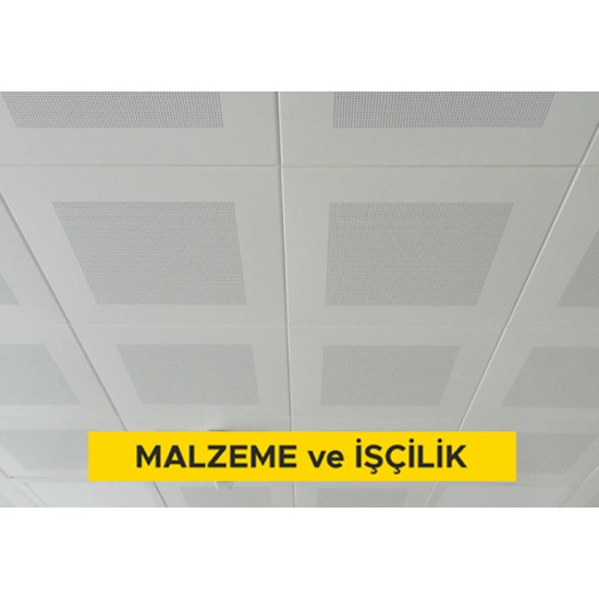 60x60cm ebadında 0,50mm kalınlığında minimum 20 mikron elektrostatik toz boyalı (polyester esaslı) delikli sıcak daldırma galvanize sac plakadan oturmalı sistem asma tavan yapılması (Malzeme Dahil)