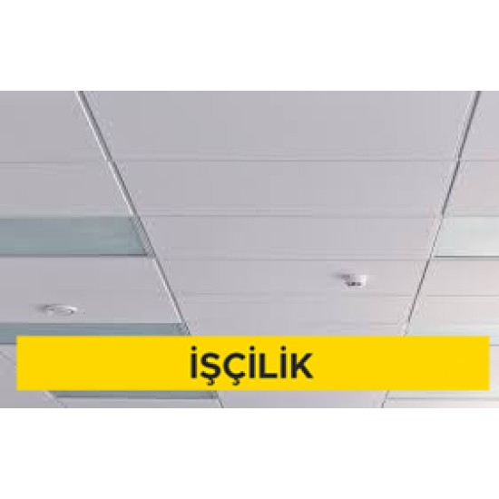 60x60cm ebadında 0,50mm kalınlığında minimum 20 mikron elektrostatik toz boyalı (polyester esaslı) deliksiz sıcak daldırma galvanize sac plakadan sarkmalı sistem asma tavan yapılması (Malzeme Hariç) (İşçilik)