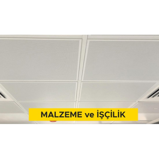 60x60cm ebadında 0,50mm kalınlığında minimum 20 mikron elektrostatik toz boyalı (polyester esaslı) arka yüzü akustik kumaş kaplı delikli sıcak daldırma galvanize sac plakadan sarkmalı sistem asma tavan yapılması (Malzeme Dahil)