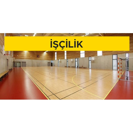 Çimento esaslı kendiliğinden yerleşen (self leveling) harç ile ortalama 2 mm kalınlıkta zemin tesviyesi yapılması ve üzerine PVC esaslı spor zemin malzemeleri ile kapalı spor zeminlerde döşeme kaplaması yapılması (P1) (Malzeme Hariç) (İşçilik)