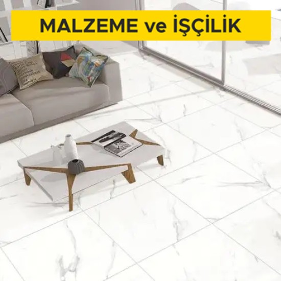 60 x 60 cm anma ebatlarında, her türlü desen ve yüzey özelliğinde, I.kalite, renkli, sırlı porselen karo ile 3 mm derz aralıklı döşeme kaplaması yapılması (karo yapıştırıcısı ile) (Malzeme Dahil)