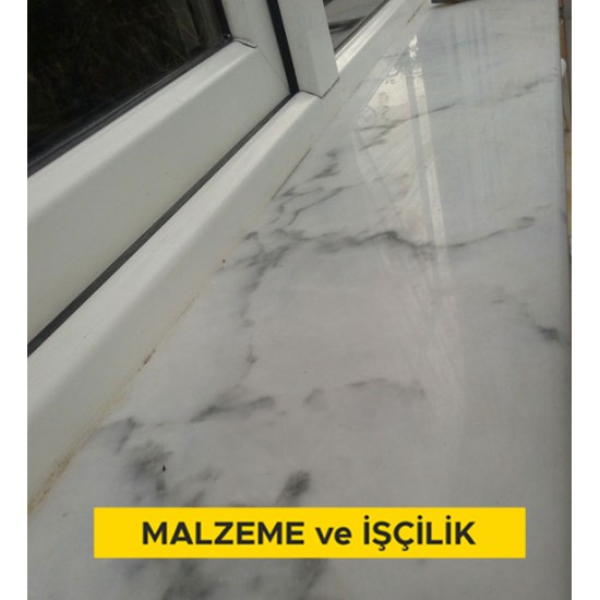 3 cm kalınlığında beyaz mermer levha ile dış denizlik yapılması (3cmx30-40- 50cmxserbest boy) (honlu ve cilalı hariç her türlü yüzey işlemli) (Malzeme Dahil)