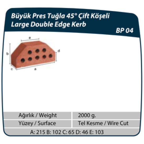 Çenesizler Toprak - Kiremit Tuğla - Büyük Pres Tuğla 45º Çift Köşeli - 215 x 102 x 65 mm Ebatlarında Pres Tuğla