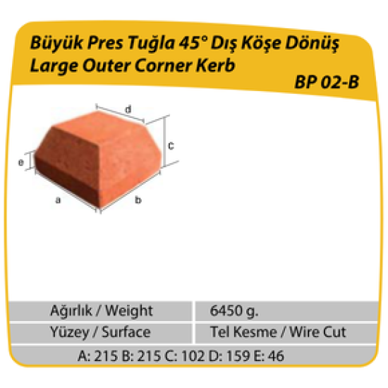 Çenesizler Toprak - Kiremit Tuğla - Büyük Pres Tuğla 45º Dış Köşe Dönüş - 215 x 215 x 102 mm Ebatlarında Pres Tuğla