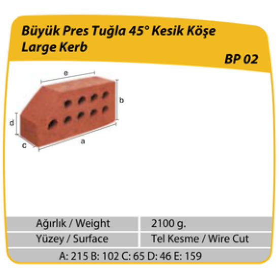 Çenesizler Toprak - Kiremit Tuğla - Büyük Pres Tuğla 45° Kesik Köşe - 215 x 102 x 65 mm Ebatlarında Pres Tuğla
