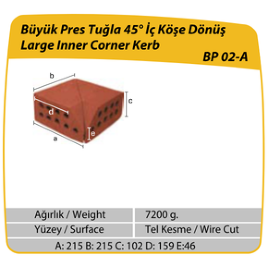 Çenesizler Toprak - Kiremit Tuğla - Büyük Pres Tuğla 45° Köşe Dönüş - 215 x 215 x 102 mm Ebatlarında Pres Tuğla