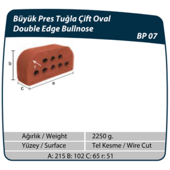 Çenesizler Toprak - Kiremit Tuğla - Büyük Pres Tuğla Çift Oval - 215 x 102 x 65 mm Ebatlarında Pres Tuğla
