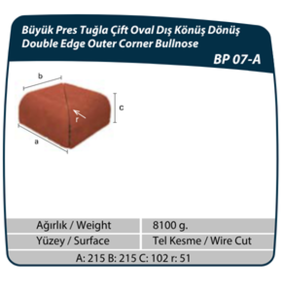 Çenesizler Toprak - Kiremit Tuğla - Büyük Pres Tuğla Çift Oval İç Köşe Dönüş - 215 x 215 x 102 mm Ebatlarında Pres Tuğla
