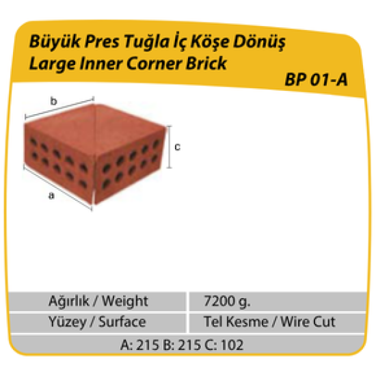Çenesizler Toprak - Kiremit Tuğla - Büyük Pres Tuğla Dış Köşe Dönüş - 215 x 215 x 65 mm Ebatlarında Pres Tuğla