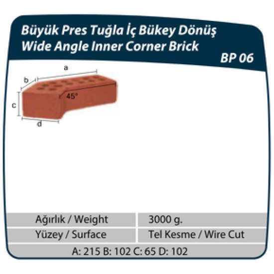 Çenesizler Toprak - Kiremit Tuğla - Büyük Pres Tuğla İç Bükey Dönüş - 215 x 102 x 65 mm Ebatlarında Pres Tuğla