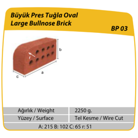 Çenesizler Toprak - Kiremit Tuğla - Büyük Pres Tuğla Oval - 215 x 102 x 102 mm Ebatlarında Pres Tuğla