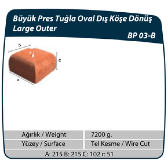 Çenesizler Toprak - Kiremit Tuğla - Büyük Pres Tuğla Oval Dış Köşe Dönüş - 215 x 215 x 102 mm Ebatlarında Pres Tuğla
