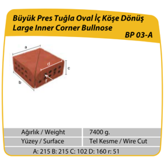 Çenesizler Toprak - Kiremit Tuğla - Büyük Pres Tuğla Oval İç Köşe Dönüş - 215 x 215 x 102 mm Ebatlarında Pres Tuğla