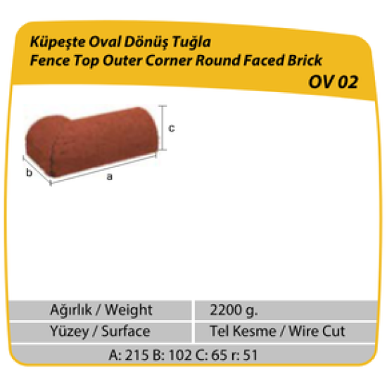 Çenesizler Toprak - Kiremit Tuğla - Küpeşte Oval Dönüş Tuğla - 215 x 102 x 65 mm Ebatlarında Pres Tuğla
