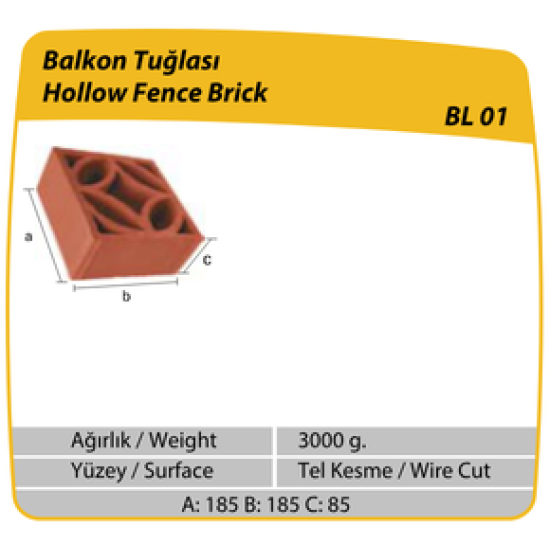 Çenesizler Toprak - Kiremit Tuğla - Balkon Tuğlası - 185 x 185 x 85 mm Ebatlarında Pres Tuğla