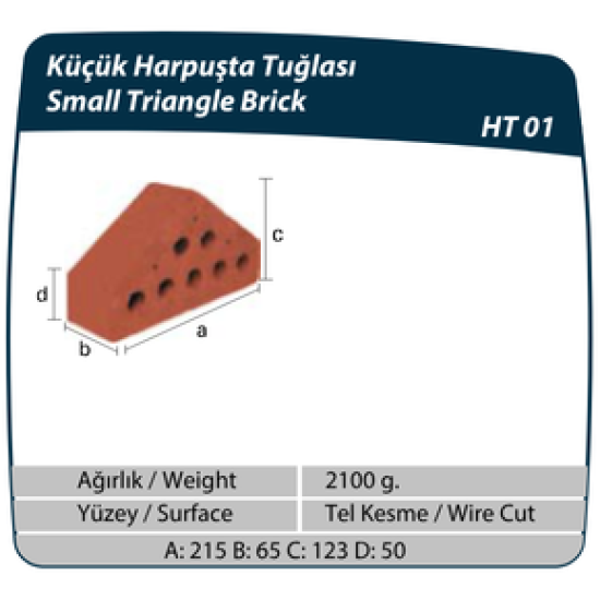Çenesizler Toprak - Kiremit Tuğla - Küçük Harpuşta Tuğlası - 215 x 65 x 123 mm Ebatlarında Pres Tuğla