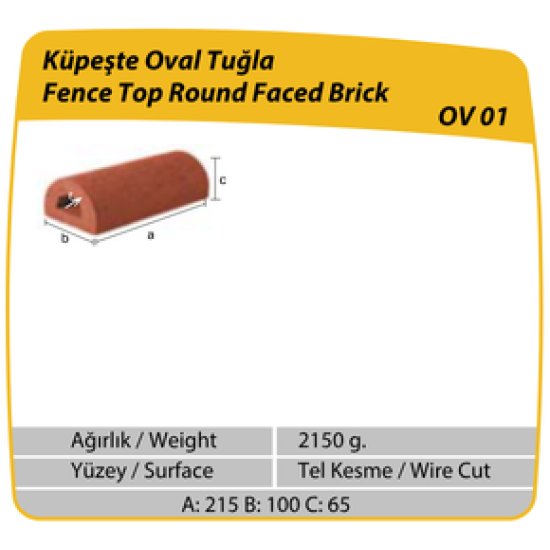 Çenesizler Toprak - Kiremit Tuğla - Küpeşte Oval Tuğla - 190 x 90 x 50 mm Ebatlarında Pres Tuğla