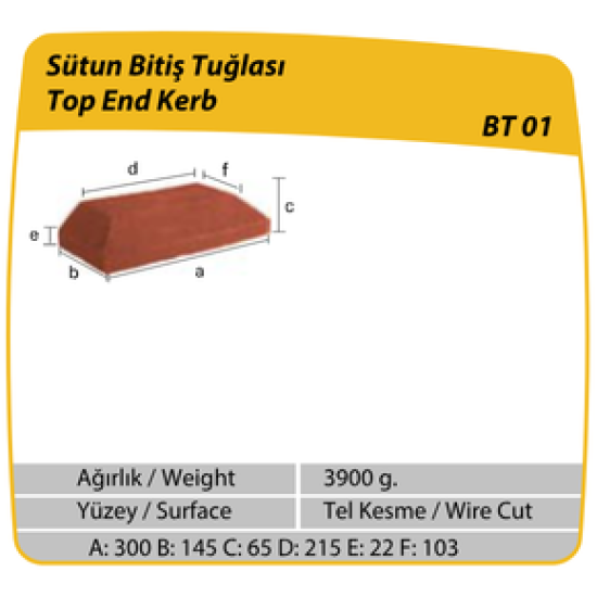 Çenesizler Toprak - Kiremit Tuğla - Sütun Bitiş Tuğlası - 300 x 145 x 65 mm Ebatlarında Pres Tuğla