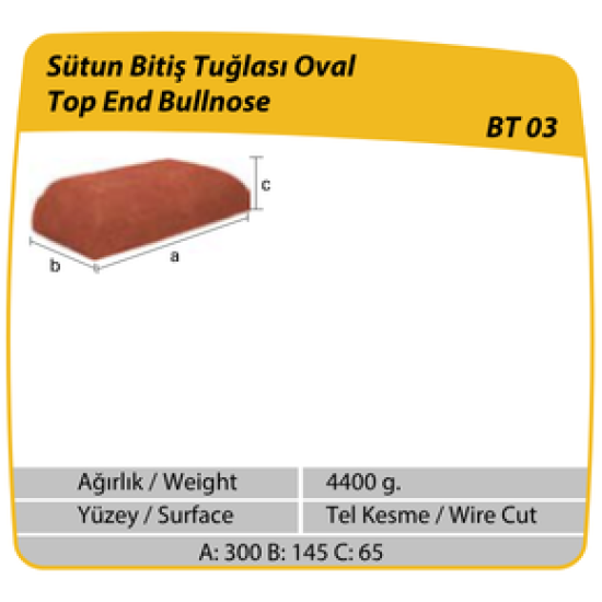 Çenesizler Toprak - Kiremit Tuğla - Sütun Bitiş Tuğlası Oval - 300 x 145 x 65 mm Ebatlarında Pres Tuğla