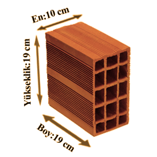 Çetin Tuğla - 10'luk Yatay Delikli Tuğla - 190 x 100 x 190 mm Ebatlarında Yatay Delikli Tuğla