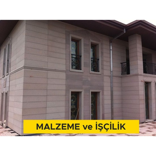 Andezit plaklar ile cephe kaplaması yapılması (3x40x80 cm) (mekanik montajlı) (6 cm taşyünü ısı yalıtımlı ve su buharı geçişine açık su yalıtımlı) (Malzeme Dahil)