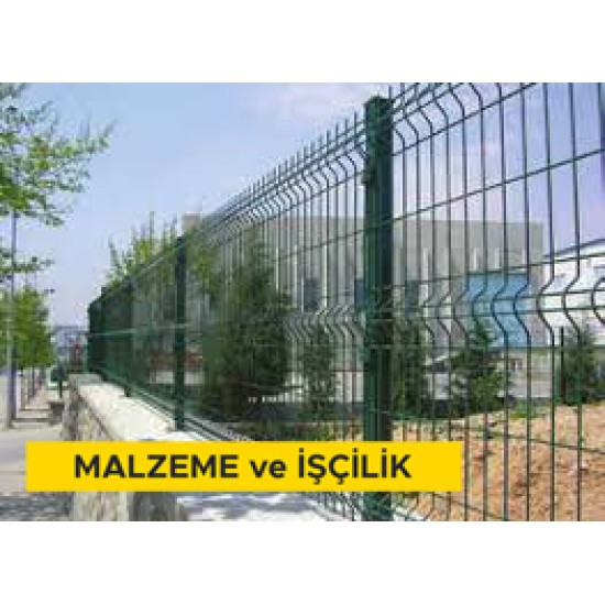 1,50 mt yükseklikte Ø 4,5 mm çapında 50 x 150 mm göz aralıklı min. 3 bükümlü sıcak daldırma galvaniz üzeri elektrostatik polyester toz boyalı panel teller ile çit yapılması (Direk aralığı 2,5 m olacak şekilde duvar üzeri uygulama) (Malzeme Dahil)