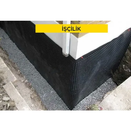 Bodrum perdelerinde su yalıtımı üzerine HDPE esaslı drenaj ve koruma levhası temini ve yerine döşenmesi (200 ≤ basınç dayanımı < 250 KN/m²) (Malzeme Hariç) (İşçilik)