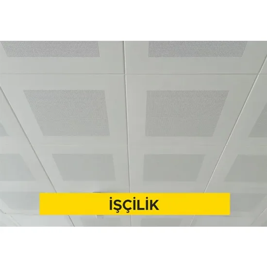 30x30cm ebadında 0,50mm kalınlığında minimum 20 mikron elektrostatik toz boyalı (polyester esaslı) delikli alüminyum plakadan (EN AW 3000 serisi) oturmalı sistem asma tavan yapılması (Malzeme Hariç) (İşçilik)