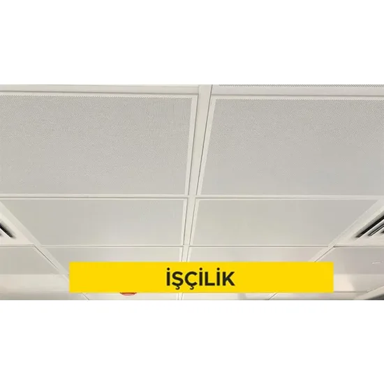 60x60cm ebadında 0,50mm kalınlığında minimum 20 mikron elektrostatik toz boyalı (polyester esaslı) delikli sıcak daldırma galvanize sac plakadan sarkmalı sistem asma tavan yapılması (Malzeme Hariç) (İşçilik)