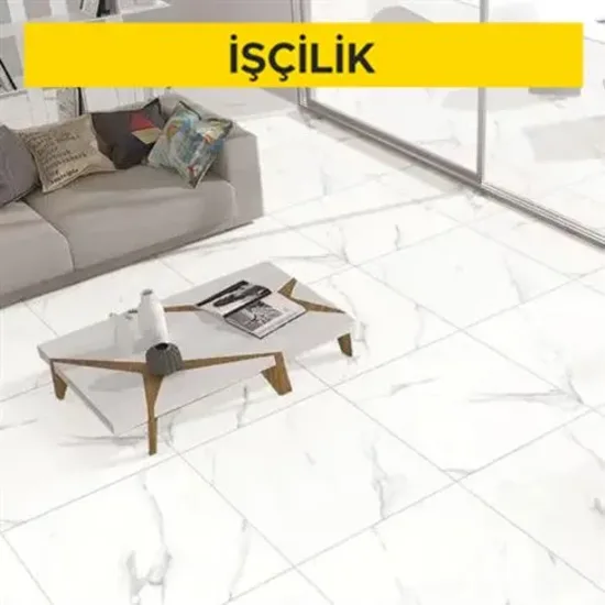 60 x 60 cm anma ebatlarında, her türlü desen ve yüzey özelliğinde, I.kalite, renkli, sırlı porselen karo ile 3 mm derz aralıklı döşeme kaplaması yapılması (karo yapıştırıcısı ile) (Malzeme Hariç) (İşçilik)