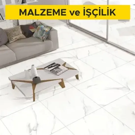60 x 60 cm anma ebatlarında, her türlü desen ve yüzey özelliğinde, I.kalite, renkli, sırlı porselen karo ile 3 mm derz aralıklı döşeme kaplaması yapılması (karo yapıştırıcısı ile) (Malzeme Dahil)