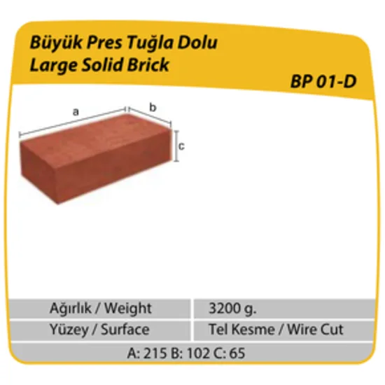 Çenesizler Toprak - Kiremit Tuğla - Büyük Pres Dolu Tuğla - 215 x 102 x 65 mm Ebatlarında Pres Tuğla