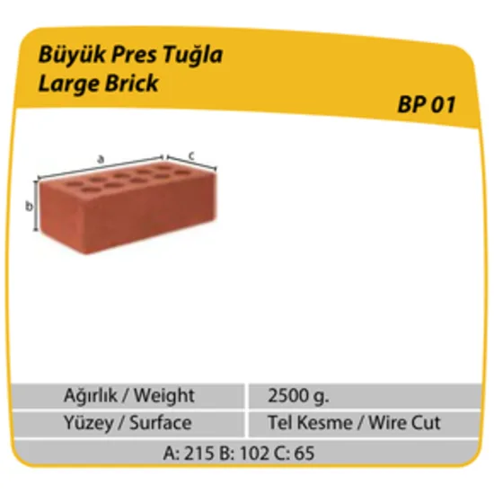 Çenesizler Toprak - Kiremit Tuğla - Büyük Pres Tuğla - 215 x 102 x 65 mm Ebatlarında Pres Tuğla