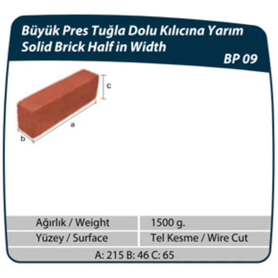 Çenesizler Toprak - Kiremit Tuğla - Büyük Pres Tuğla Dolu Kılıcına Yarım - 215 x 46 x 65 mm Ebatlarında Pres Tuğla