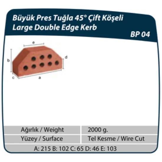 Çenesizler Toprak - Kiremit Tuğla - Büyük Pres Tuğla 45º Çift Köşeli - 215 x 102 x 65 mm Ebatlarında Pres Tuğla