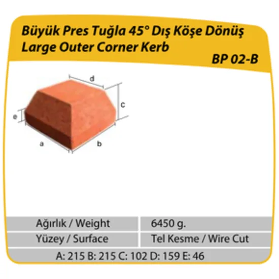 Çenesizler Toprak - Kiremit Tuğla - Büyük Pres Tuğla 45º Dış Köşe Dönüş - 215 x 215 x 102 mm Ebatlarında Pres Tuğla
