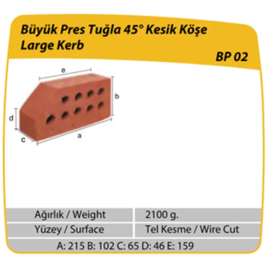 Çenesizler Toprak - Kiremit Tuğla - Büyük Pres Tuğla 45° Kesik Köşe - 215 x 102 x 65 mm Ebatlarında Pres Tuğla