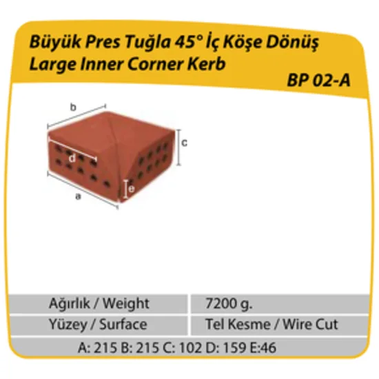Çenesizler Toprak - Kiremit Tuğla - Büyük Pres Tuğla 45° Köşe Dönüş - 215 x 215 x 102 mm Ebatlarında Pres Tuğla